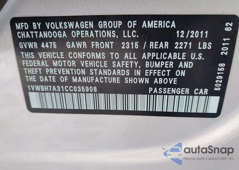2012 Volkswagen Passat 2.5L Se from USA, damaged, VIN 1VWBH7A31CC035908